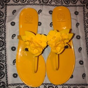 Yellow Tory Burch Flower Slides